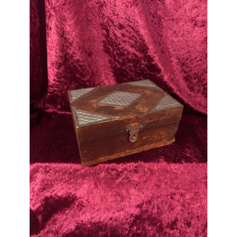 Vintage Decor Dark Wood Trinket Storage Box w Geometric Metal Inlay Lockable Lid